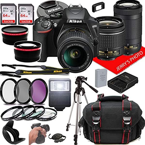 Nikon D3500 Cámara Dslr Con Nikkor 0.709-2.165 In F/3.5-5.6G Vr +2.756-11.811 In F/4.5-6.3G Ed Lentes + Funda + 128Gb De Memoria (28Pc Bundle)
