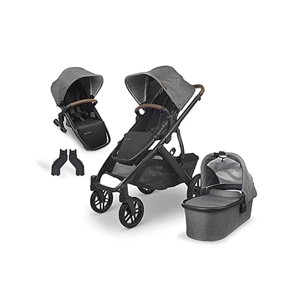 Uppababy Vista V2 - Cochecito Greyson (Mezcla De Carbón/Carbón/Cuero De Sillín + Adaptadores Superiores + Rumbleseat V2 - Greyson (Mezcla De Carbón/Carbono/Cuero De Sillín) ‎0320-VIS-US-GRY/0214/0920-RBS-US-GRY