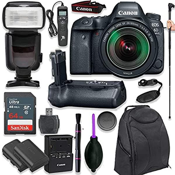 Canon Eos 6D Mark Ii Dslr Ef 24-105 Mm F 3.5-5.6 Es Stm Lente Pro Camara Bateria Grip Profesional Ttl Flash Deluxe Mochila Lp-E6 Bateria 17 Artículos