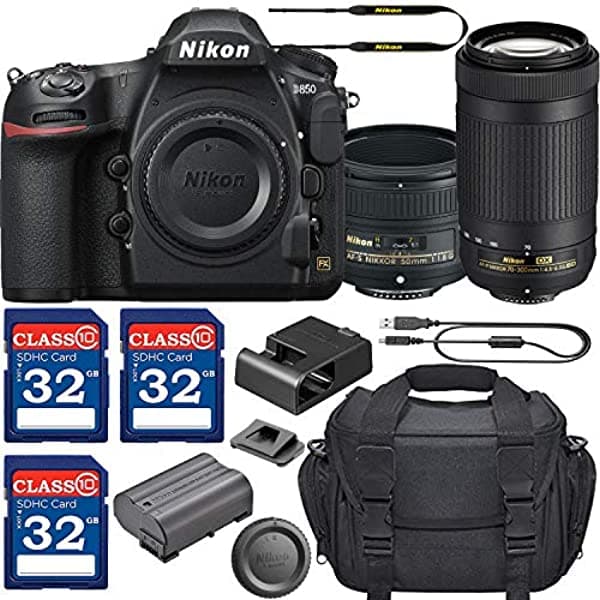 Nikon D850 Cámara Réflex Digital Con Lente Af-S Nikkor De 1.969 In F/1.8G Y Lente Ed De 2.756-11.811 In + Paquete De 3 Tarjetas De Memoria