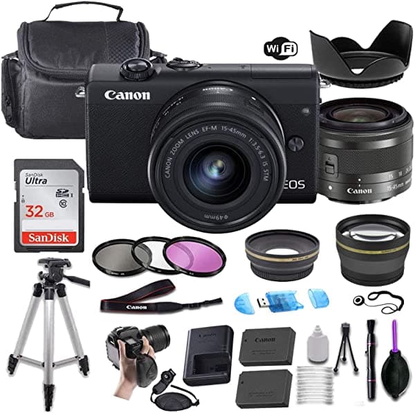Canon Eos M200 Camara Digital Mirrorless Black Ef-M 15-45 Mm F 3.5-6.3 Es Stm + Levelados Y De Ángulo Amplio Y Lentes + Trípode Portátil + Tarjeta De Canon M200