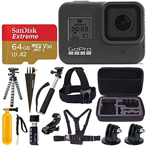 GoPro Hero8 - Cámara de Acción Resistente al Agua Con Pantalla Táctil 4K HD de 12 MP + Tarjeta de Memoria SanDisk Extreme de 64 GB + Estuche Rígido + Correa Para la Cabeza + Correa Para el Pecho + GoPro Hero 8 - Accesorios de Gran Valor ‎CHDHX-801 K4