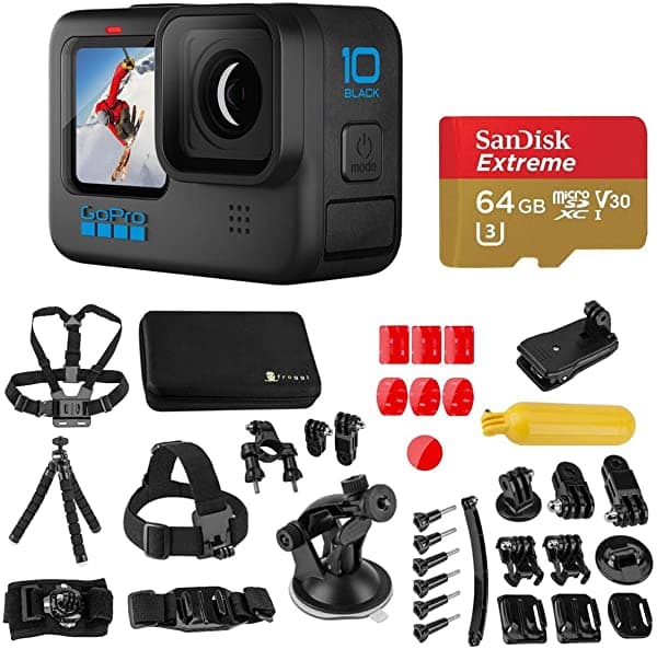 GoPro HERO10 Black, Cámara de Acción Sumergible, Video 5.3K60/4K, Transmisión en Vivo 1080p, Paquete con Kit de Accesorios Deportivos Extremos Froggi de 40 Piezas, Tarjeta microSD de 64GB