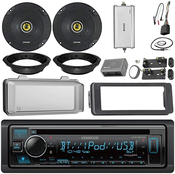 EnrockMotorcycleBundle Kenwood - Receptor De Cd (2 Altavoces Kicker De 6.5" Adaptadores De Altavoz Amplificador Kit De Tablero Con Cubierta De Radio Para Mando De Control De Barra Para Harley Davidson Antena Enrock 98-2013 KDCBT33 HD7000AB HDSWC1 EKMR1 HDWS1B