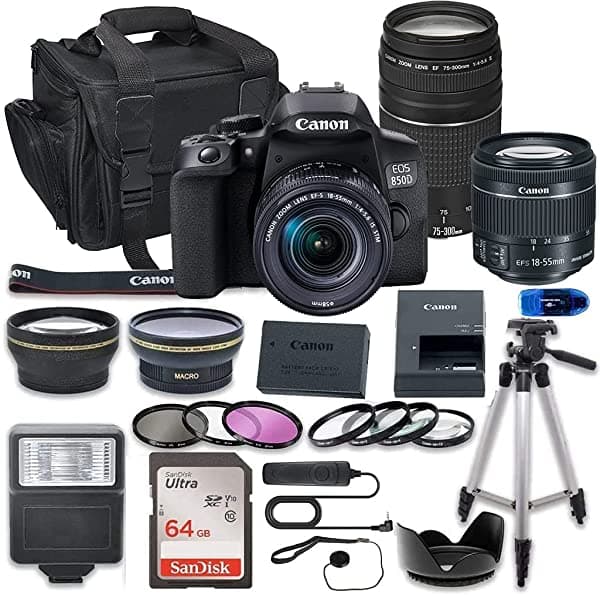 Canon Eos 850D Rebel T8I Dslr Camara Bundle 18-55 Mm Stm Y 75-300 Mm Iii Lente Bundle + 64 Gb Tarjeta De Memoria De Alta Velocidad + Kit De Accesorios
