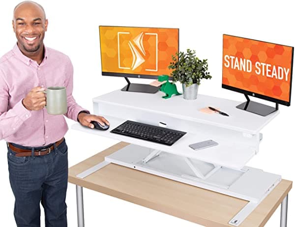 Stand Steady Flexpro Potencia De 40 Pulgadas De Escritorio Eléctrico De Pie | Convertidor De Escritorio Eléctrico De 2 Niveles Teclado Estante Y Monitor Riser | La SS