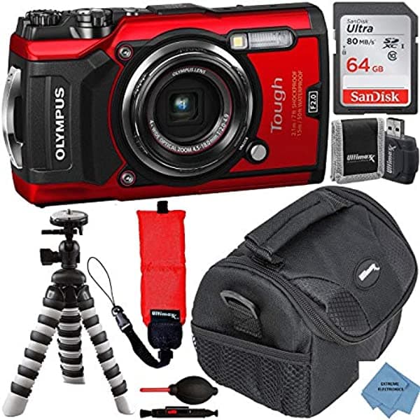 Extreme Electronics Olympus Tough TG-6 Camara Digital Deluxe Bundle de Accesorios Incluye Tarjeta de Memoria SanDisk Ultra 64GB + Tripode Flexible + Paño + Mas Rojo oltg6redbund