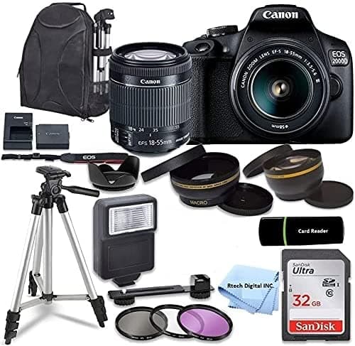 Canon Eos 2000D Rebel T7 Dslr Camara Ef-S 18-55 Mm Zoom Lente + Sandisk 32Gb Tarjeta De Memoria + Trípode + Case + Wideeangle Lentes + Rtech Digital T cn2000d bundle