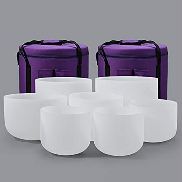 Unknown CVNC Juego de 7 Cuencos de Cuarzo Cristalino Escarchado 432HZ 7-12 Pulgadas con 2 Bolsos de Transporte para Sanación Sonora