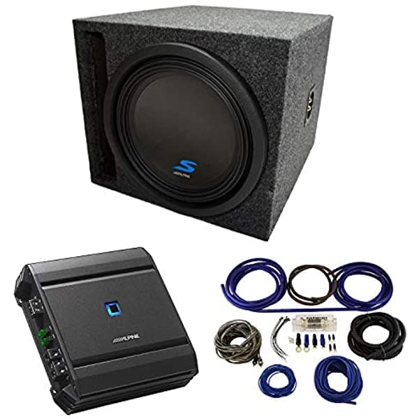 American Sound Connection Alpine Type S Bundle Compatible Con Universal Car S-W12D4 Single 12" Ranurado S Port Caja para Subwoofer - Final 2 Ohm ALPINE-PACK107A-AMP