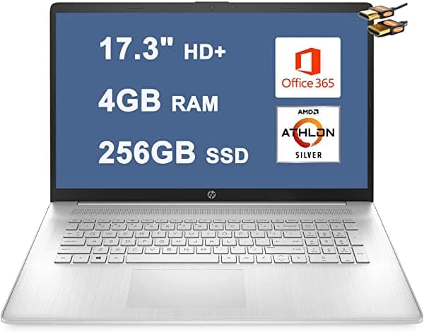 HP 17 Notebook 17.3" HD+ BrightView Display AMD Athlon Silver 3050U 4GB RAM 256GB SSD AMD Radeon Graphics USB-C Hasta 7 Horas de Duración de la Batería Win10 Silver + Cable HDMI HP Laptop 17