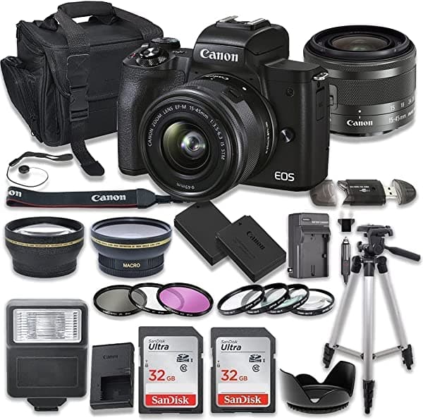 Cámara Canon EOS M50 Mark II Digital Bundle Canon EF-M 15-45 mm f/3.5-6.3 IS STM Lente 2X SanDisk 32GB Tarjetas de Memoria