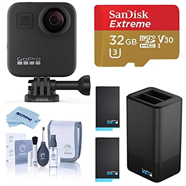 Gopro Max Waterproof 360 Camara + Video De Estilo Hero 5.6K30 Uhd Video 16.6Mp Fotos De Alimentación Con Cargador Dual 2 Batería Adicional Tarjeta