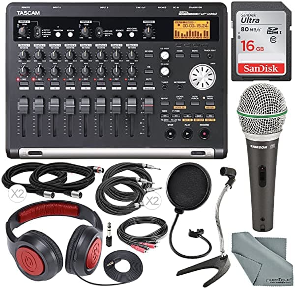 Tascam Dp-03Sd Grabadora Digital De 8 Pistas Y Paquete De Accesorios De Lujo Con Micrófono Q4 Auriculares Samson Cables Soporte Para Micrófono De Escritorio Tarjeta De 16 Gb Paño De Limpieza Fibertique Y Más PS-DP-03SD