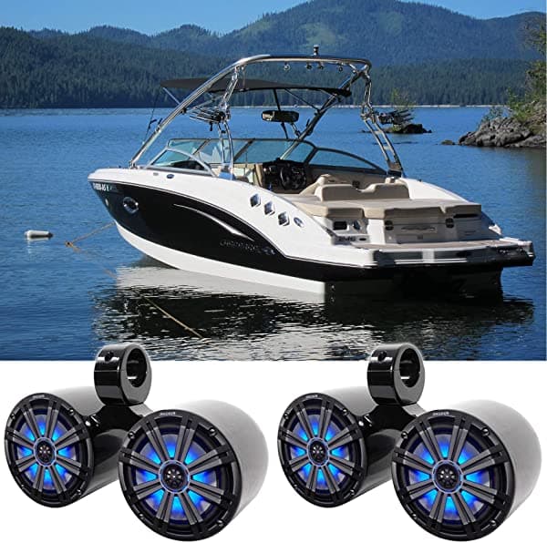 Par Kicker 45Km84L 8 Pulgadas 600 Vatios Para Barco Marino Impermeable Con Paquete Km8 Led Con Rockville Dmac80B Doble 7.7 Pulgadas De Aluminio Negro (2) 45KM84L+(2) DMAC80B Boat