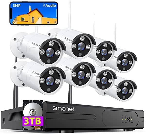 Sistema De Cámara De Seguridad Inalámbrica De 3Mp Con Audio Disco Duro De 3Tb Smonet 8Ch Wifi Vigilancia Casera Kits Nvr 8Pcs Visión Nocturna De Cám SMUS-W883M3TA-XM