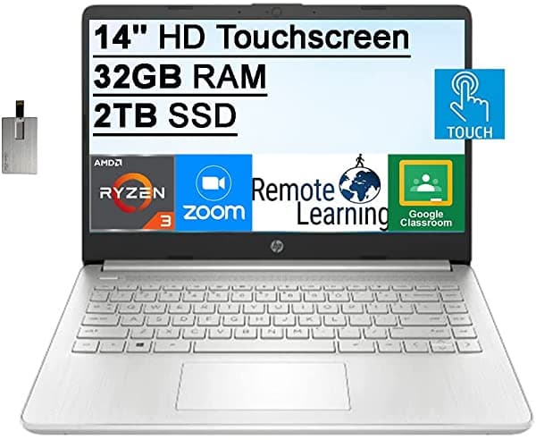 2020 Hp 14 Pulgadas Hd Pantalla Táctil Procesador Amd Ryzen 3-3250U 32 Gb Ram 2 Tb Ssd Hd Audio 720P Hd Webcam Amd Radeon Graphics Bluetooth Hdmi Windows 10 Plata Tarjeta Usb Snowbell De 32 Gb