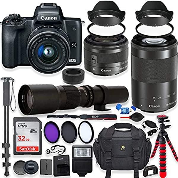 Canon EOS M50 Cámara Digital Sin Espejo Con Paquete de Lentes de 15-45 mm + Canon EF-M 55-200mm f/4.5-6.3 IS STM y Lente Preestablecida de 500 mm Canon M50