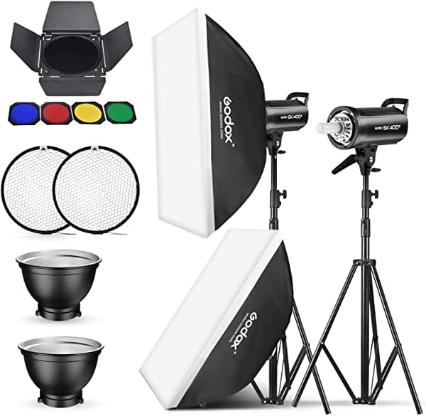 Godox 2 Pack SK400II 800Ws Photo Speedlite Flash de Estudio Strobe Monolight Montura Bowens Kit Para Tomas de Estudio Locación de Video y Fotografía 2*SK400II