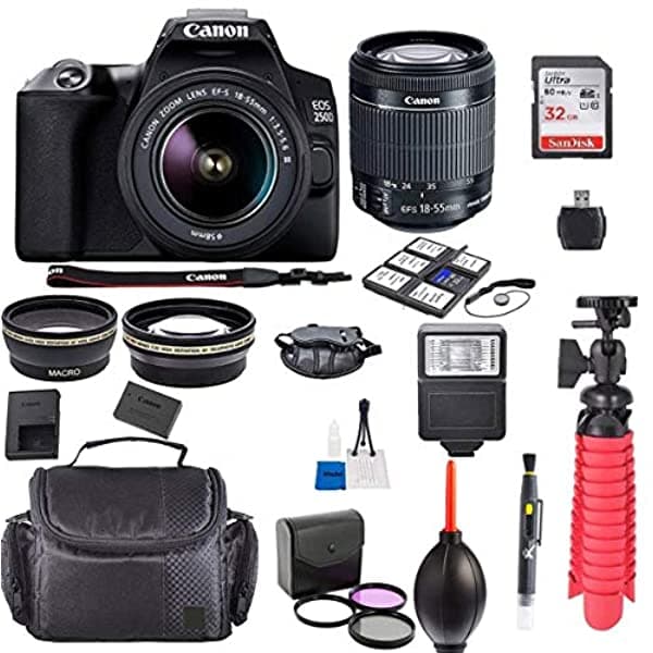 Canon Eos 250D / Rebel Sl3 Kit Con Ef-S 18-55 Mm F / 3.5-5.6 Iii Lente + Paquete De Accesorios + Tela Electrónica Modelo Canon250dbundle
