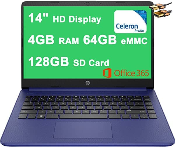 HP Notebook 14 de 14" Diagonal HD Pantalla Intel Celeron N4000 4GB RAM 64GB eMMC + 128GB Tarjeta SD Intel UHD Graphics 600 USB-C HDMI WiFi5 Office 365 Win10 (Azul) + Cable HDMI HP Laptop 14 Computer