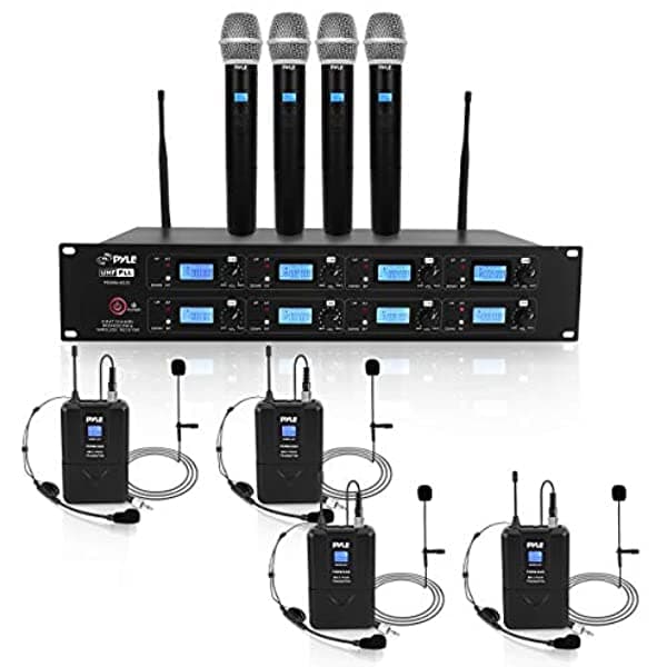 Pyle Sistema Profesional De Micrófono Y Receptor Inalámbrico Uhf De 8 Canales Con 4 Micrófonos De Mano Paquetes De Correas Transmisores Auriculares Y Micrófonos De Solapa Lavalier Radio Rf&Af Pantalla Digital De Frecuencia De Audio (Pdwm8225) Color Negro