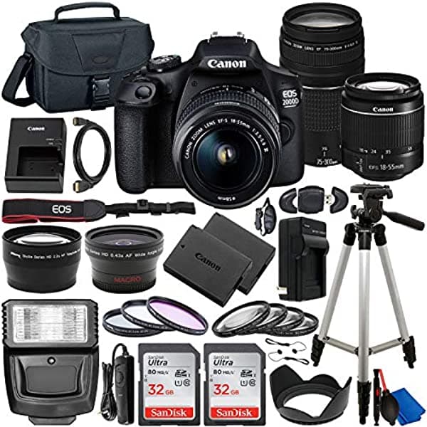 Canon Eos 2000D (Rebel T7) Cámara Dslr Con Ef-S 18-55 Mm Dc Iii Y 75-300 Mm Iii Lentes Y Paquete De Accesorios De Lujo-Incluye 2X Sandisk Ultra 32Gb CN2000D1855IIIGDLDB1
