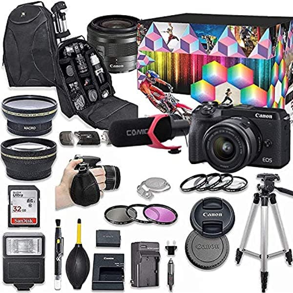 Canon Eos M6 Mark Ii Cámara Digital Sin Espejo Con Kit De Lente De 15-45 Mm (Negro) + Lente Gran Angular + 2X Lente De Teleobjetivo + Flash + Sandisk