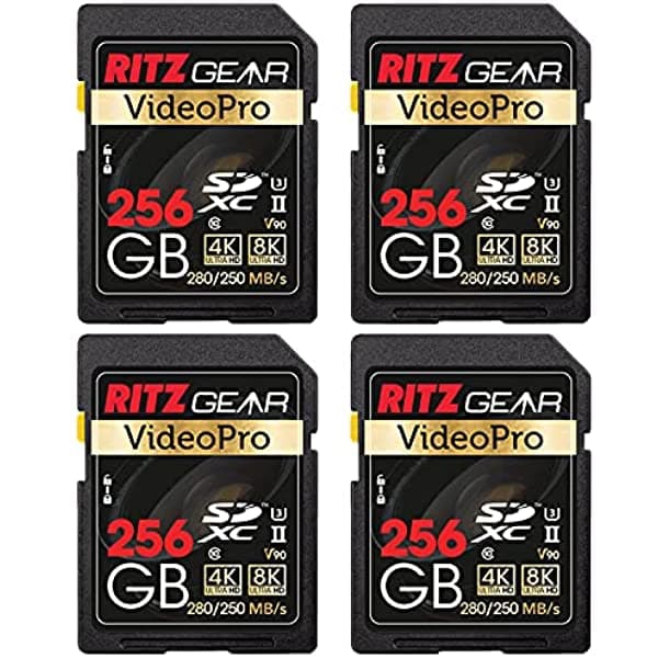 Ritz Gear Tarjeta Sd Video Pro Uhs-Ii De 256 Gb Sdxc Paquete De 4 Unidades U3 V90 A1 Tarjeta Sd Profesional De Rendimiento Extremo (R 280 Mb/S 250 Mb/S W) Para Réflex Digital Avanzada Bien Adecuada Para Video Incluyendo 4K 8K 3D Full Hd