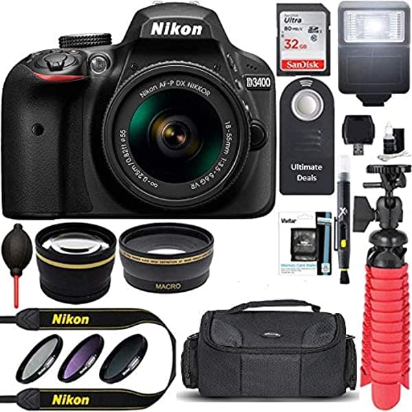 Ultimate Deals Nikon D3400 24.2 Cámara Dslr + Af-P Dx 18-55 Mm Vr Kit De Lente Nikkor (Negro) 32Gb Sdxc Memoria + Bolso De Fotos Slr + Lente De Gran Angular + 2 3400bundle