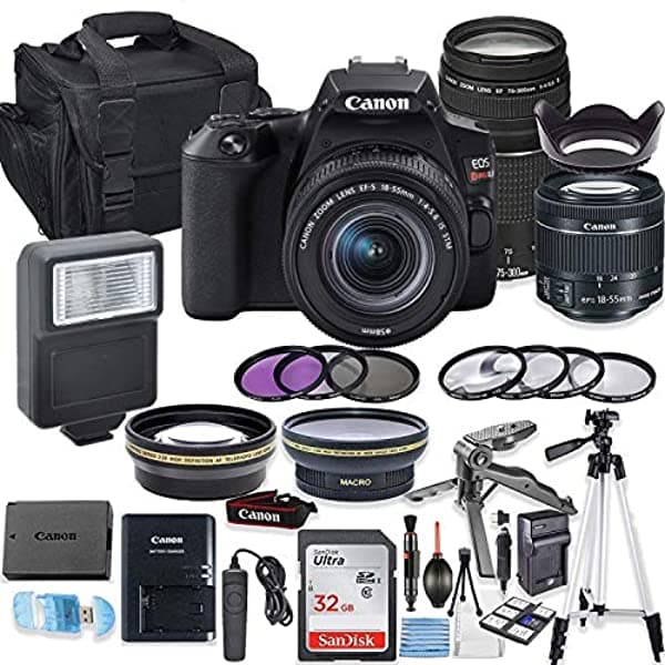 Canon Eos Rebel Sl3 Dslr Camara Bundle Con Canon Ef-S 18-55 Mm Lente Stm Y Lente Ef 75-300 Mm Iii + 32Gb Memoria De Sandisk + Camara De Cámara + Flash Canon SL3
