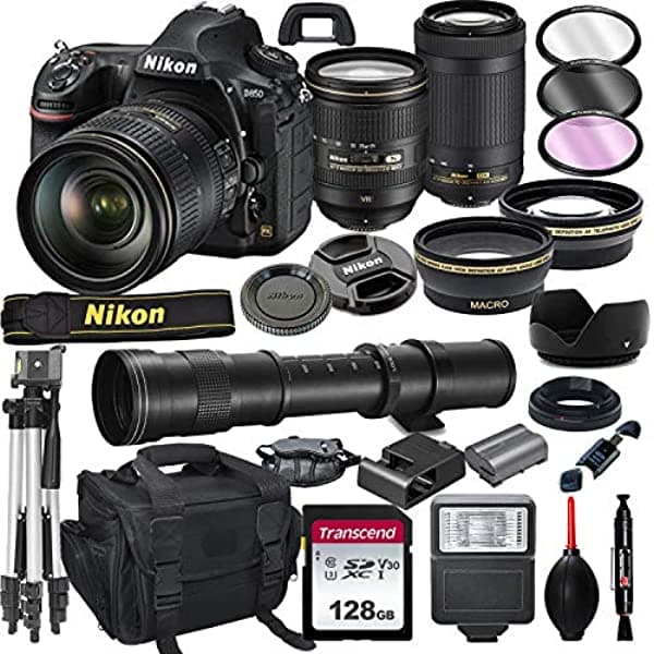 Nikon D850 Cámara Dslr Con Vr De 24-120 Mm Y Paquete De Lentes De 70-300 Mm Con 420-800 Mm Preset F/8 Telephoto + 128 Gb Trípode Flash Y Más (Paquet