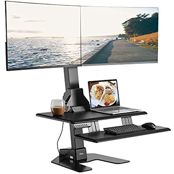 Avlt Dual 32 "Monitor De Escritorio Eléctrico De Pie Con Una Enorme Bandeja De Teclado Extra Grande 28" X 16 "Amplia Mesa Motorizada De Altura Automát AVLT-MT17-1
