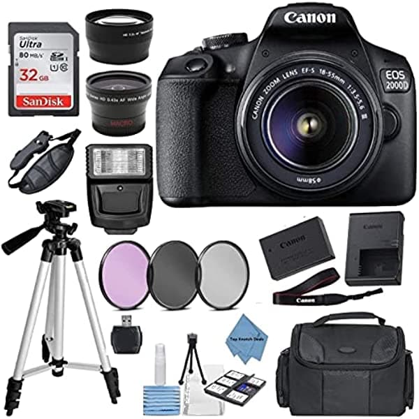 Ultimate Deals Canon Eos 2000D (Rebel T7) Cámara Dslr Con Canon Ef-S 0.709-2.165 In F/3.5-5.6 Zoom Lente + Funda + Tarjeta De Memoria De 32 Gb + Kit Topknotch 200dkit45