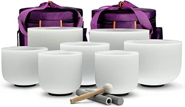 Topfund 7-12 Pulgadas De Chakra Ajustado De 7 Cuencos De Canto De Cristal Con Estuches De Transporte Pesado Y Mazos De Tazón De Canto Set of 7 Crystal Singing Bowls 7-12"
