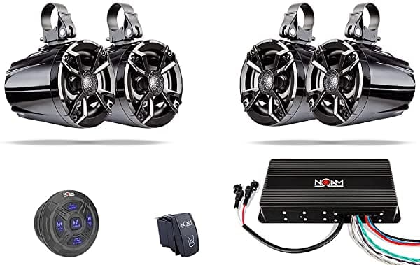 Noam Nutv5 Quad - Kit De Sistema Estéreo Para Atv/Carrito De Golf/Utv - Incluye 4 Altavoces De Torre Impermeables Controlador/Unidad Principal Resistente A La Intemperie Con Entrada Bluetooth Y Aux Y Amplificador De Cuatro Canales