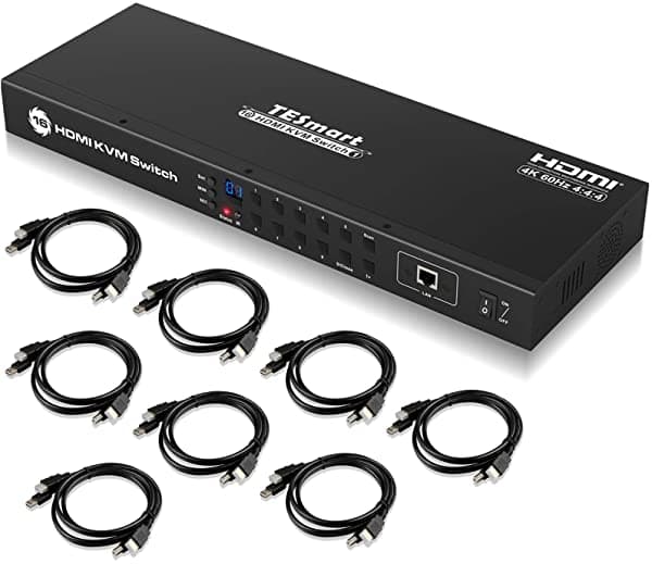 Tesmart 16X1 Hdmi Kvm Switch 16 Puerto Soporte De Grado Empresarial 4K 60Hz Switcher De Montaje De La Consola Ultra Hd Con 8 Pcs Cable De 5 Pies Kvm