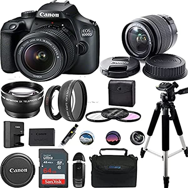 Deal-Expo Cámaras Digitales Canon Eos 4000D Con Ef-S 18-55 Mm F3.5-5.6 Iii Lente + Paquete De Accesorios Avanzados (Versión Internacional) (Cn4000D-18 CN4000D-1855IIIDBB64GBADV