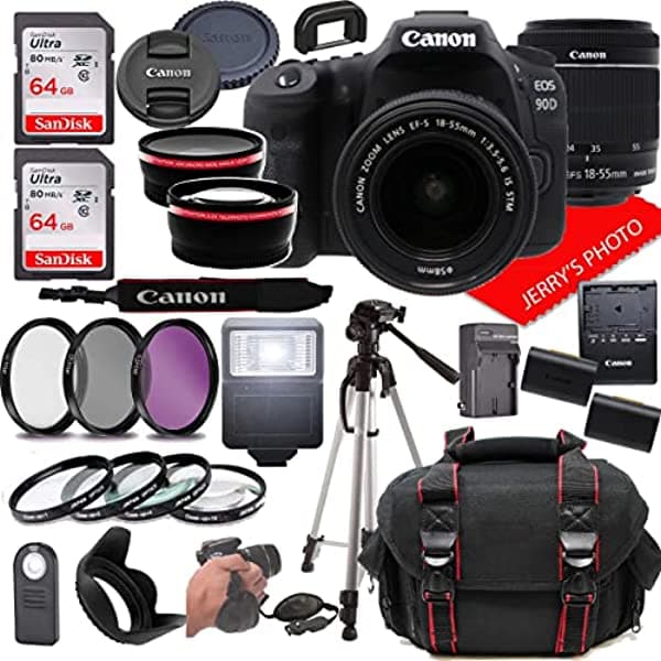 Canon EOS 90D Cámara DSLR con Canon EF-S 18-55 mm f/3.5-5.6 IS STM Lente Zoom + Estuche + 128 GB de Memoria (Bundle 28 Piezas)