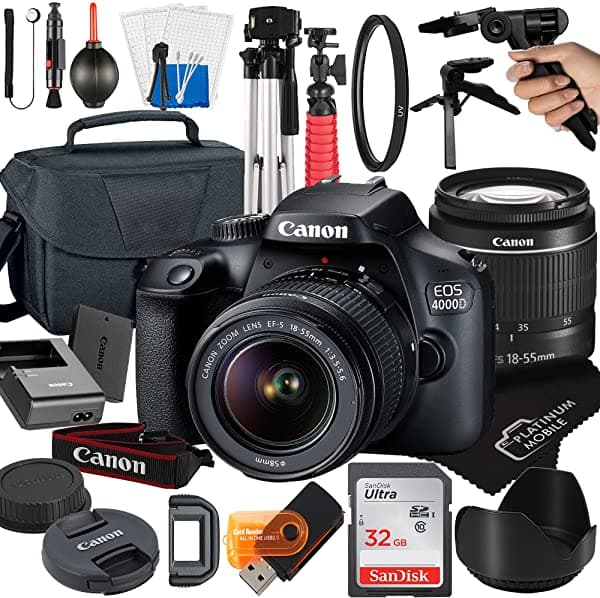 MegaAccessory Canon Eos 4000D / Cámara Dslr Rebel T100 Con Lente De 18-55 Mm + Paquete De Paquete De Accesorios Móviles De Platino Incluye Tarjeta De 32 Gb Trípod