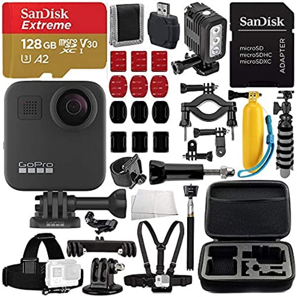 Gopro El Paquete De Lujo De Cámara De Acción Max 360 Incluye Tarjeta De Memoria Microsdxc Sandisk Extreme De 128 Gb + Luz Led Submarina + Funda De Transporte Y Más CHDHZ-201