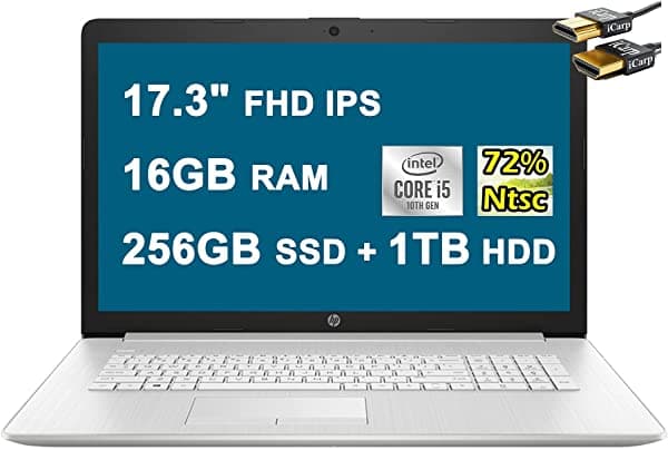 HP 2021 Insignia 17 Notebook 17.3" FHD IPS 72% NTSC 10ª Generación Intel Quad-Core i5-10210U (supera al i7-8550U) 16GB DDR4 256GB SSD 1TB HDD Retroiluminado Webcam HDMI WiFi DVD Win 10 + iCarp Mouse Inalámbrico hp Laptop Computer