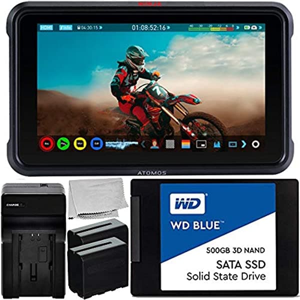 Atomos Ninja V 5" 4K Hdmi Monitor De Grabación Con Wd Blue 500Gb Sata Ssd Essential Bundle - Incluye: 2 X Batería Recargable De Iones De Litio + Cargador De Batería + Paño De Limpieza De Microfibra ATOMNJAV01EB