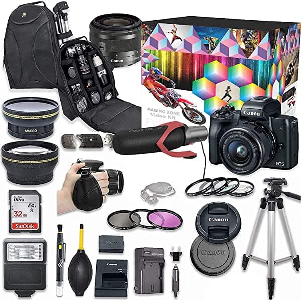 Canon Eos M50 - Cámara Digital Sin Espejo Con Lente De 0.591-1.772 In (Negro) + Lente Gran Angular + 2 Lentes De Teleobjetivo + Flash + Tarjeta De Memoria Sd Sandisk De 32 Gb + Paquete De Accesorios M50 B