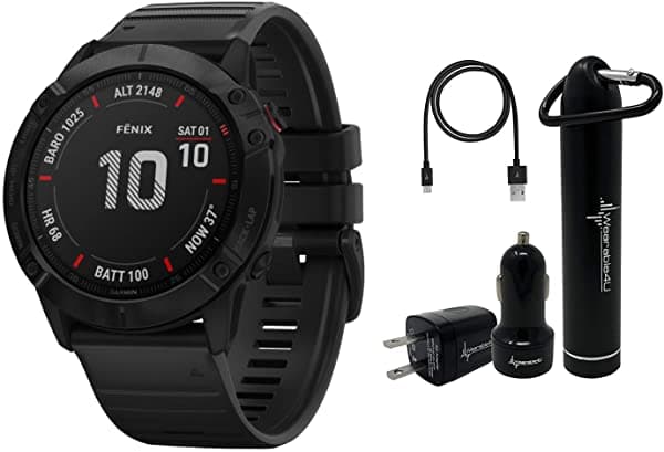 Garmin Fenix 6X - relojes GPS multideportivos premium con Pulse Ox mapas enrutables y música con paquete de alimentación Wearable4U (Pro negro con malla negra)