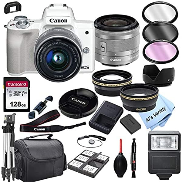 Al's Variety-Canon Intl. Canon Eos M50 (Blanco) Cámara Digital Sin Espejo Con Lente De Zoom De 0.591-1.772 In + Tarjeta De 128 Gb Trípode Funda Y Más (24 Unidades)