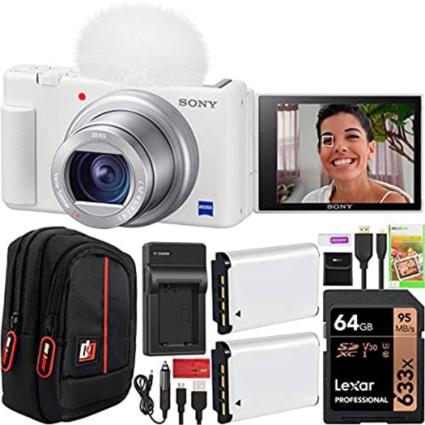 Sony Zv-1 Cámara Compacta Digital Vlogging 4K Para Creadores De Contenido Y Vloggers Dczv1/W Paquete De Batería Doble Con Funda De Engranaje Deco + Tarjeta De 64 Gb + Cargador Externo Y Accesorios E3SNDCZV1W