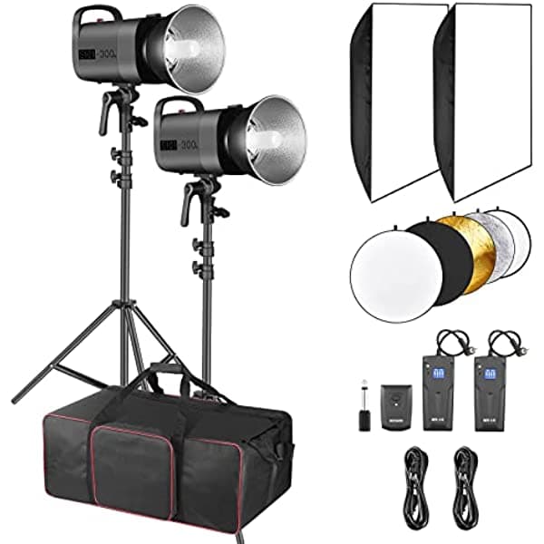 Neewer Kit De Iluminación Estroboscópica Para Estudio Fotográfico De 600 W (2) Monolights S101 De 300 W Con Soporte Bowens (2) Softbox (1) Gatillo Rt-16 (2) Soportes De Luz (1) Reflector Y Bolsa Para Estudio Producto Fotografía De Retratos 90097775