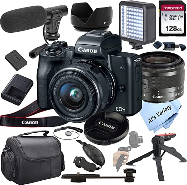 Al's Variety-Canon intl Canon EOS M50 - kit de video para cámara digital sin espejo con lente de zoom de 15 a 1.772 in + micrófono shotgun 6 + luz LED continua + tarjeta de 128 GB agarre funda y más (paquete de video de 18 piezas)
