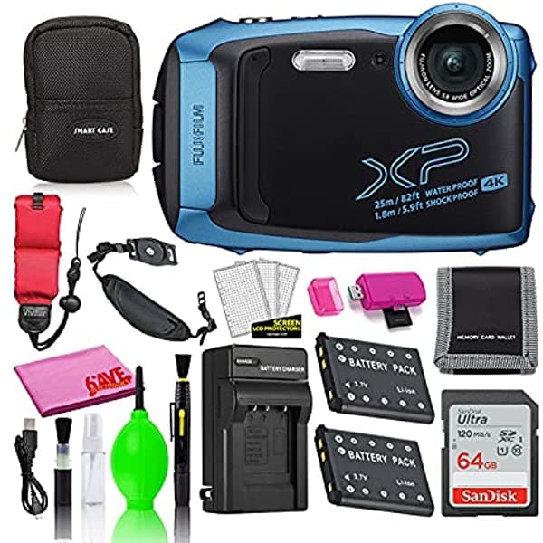 Fujifilm Finepix Xp140 Digital Water Camara Sky Blue Accessory Bundle 64Gb Tarjeta Sd + Camara Small Camara + Bateria Adicional 600020656